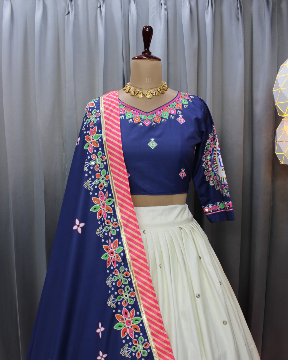 Designer Blue Muslin Cotton Lehenga Choli with Mirror Work for Women