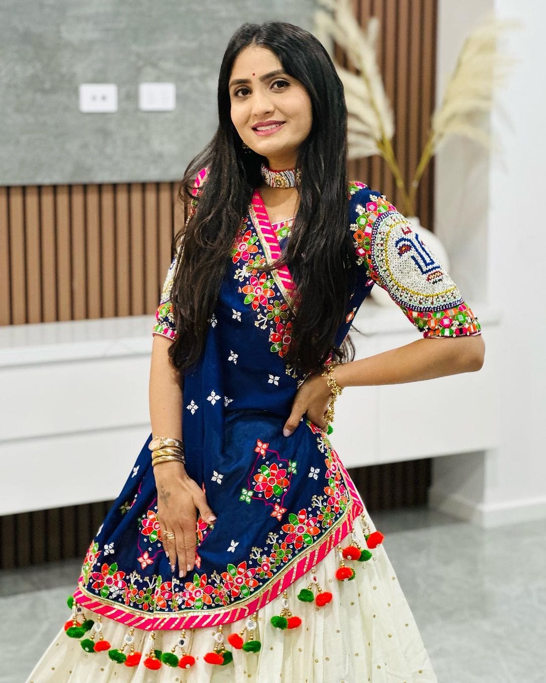 Designer Blue Muslin Cotton Lehenga Choli with Mirror Work for Women