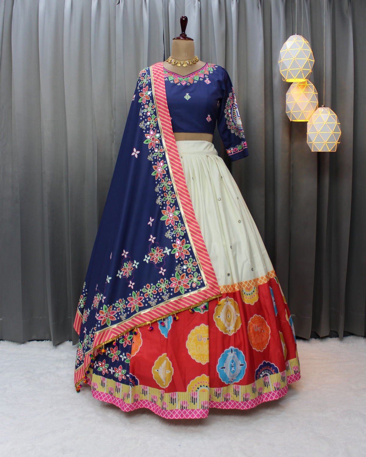 Designer Blue Muslin Cotton Lehenga Choli with Mirror Work for Women