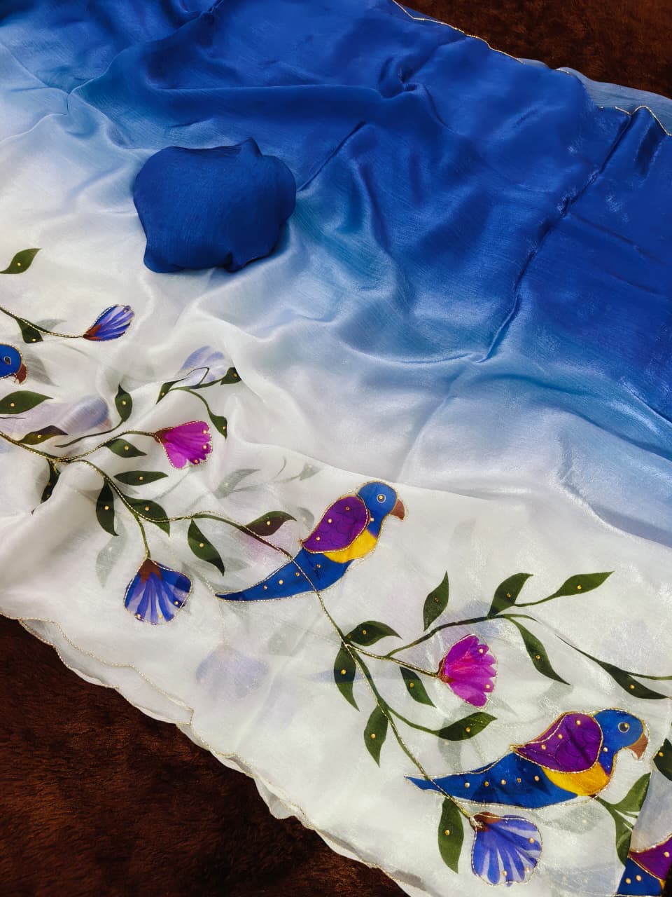 Designer Blue Parrot Kalamkari Fandy Silk Saree for Women