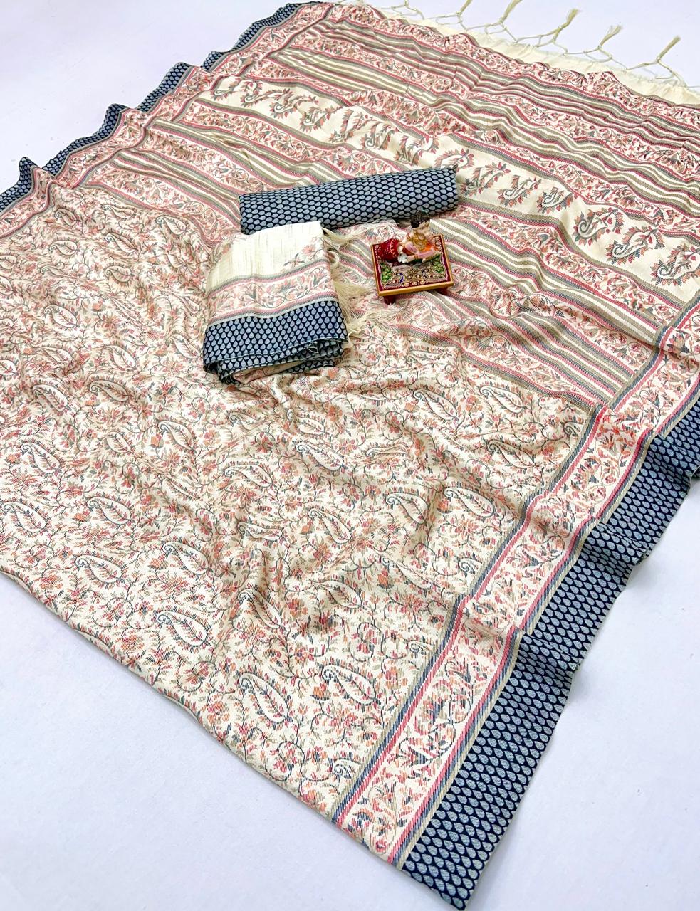 Designer Cream Pastel Saree with Shawl & Blouse for Women