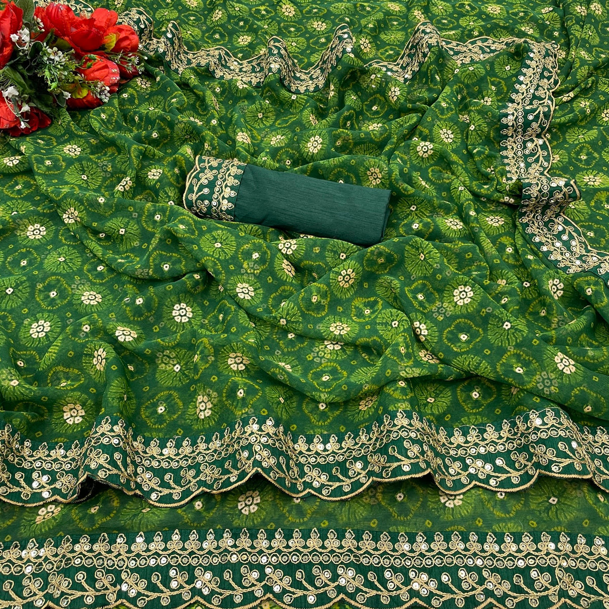 Designer Emerald Georgette Saree with Sequin Lace for Women