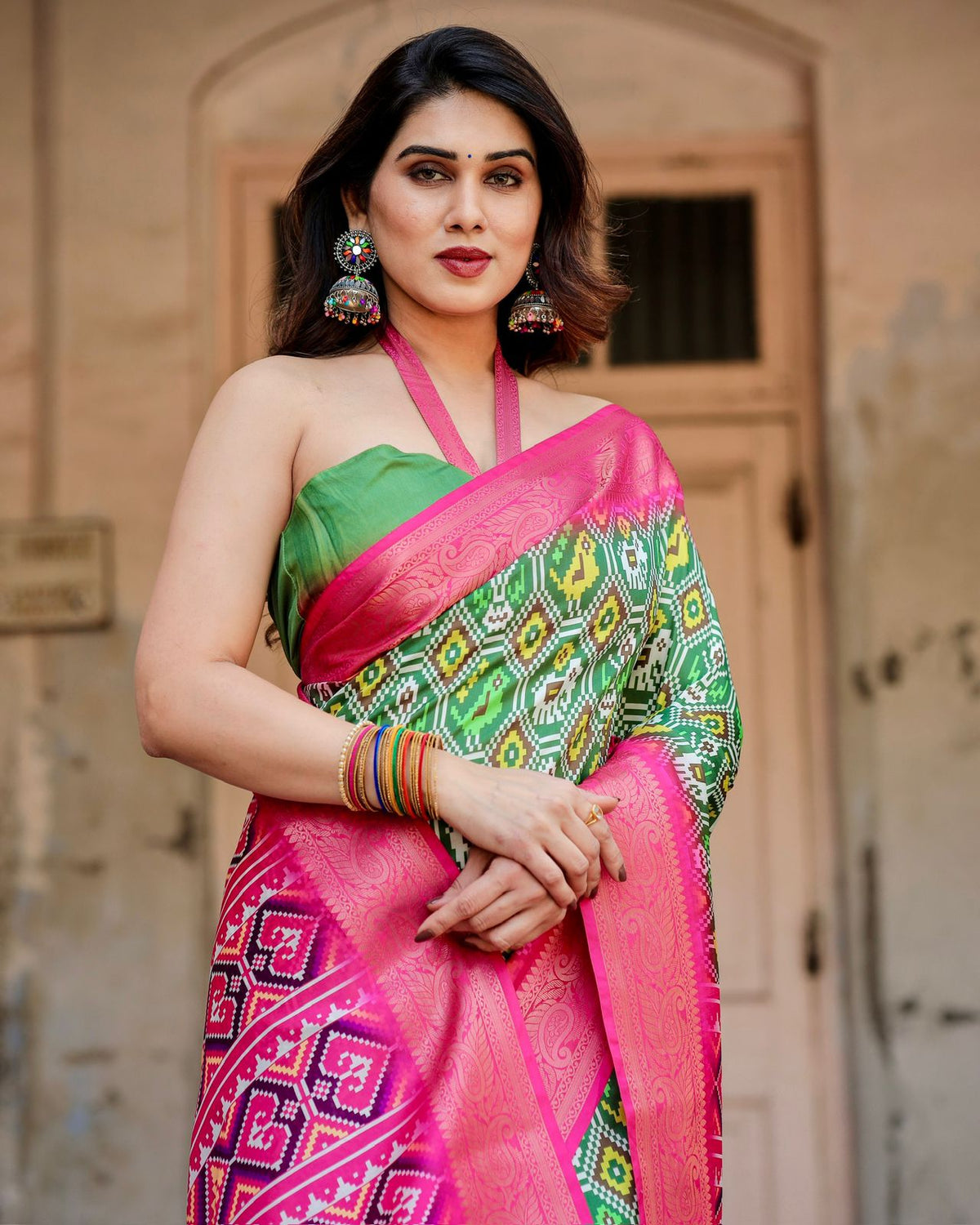 Designer Green Pink Wedding Wear Silk Saree for Women