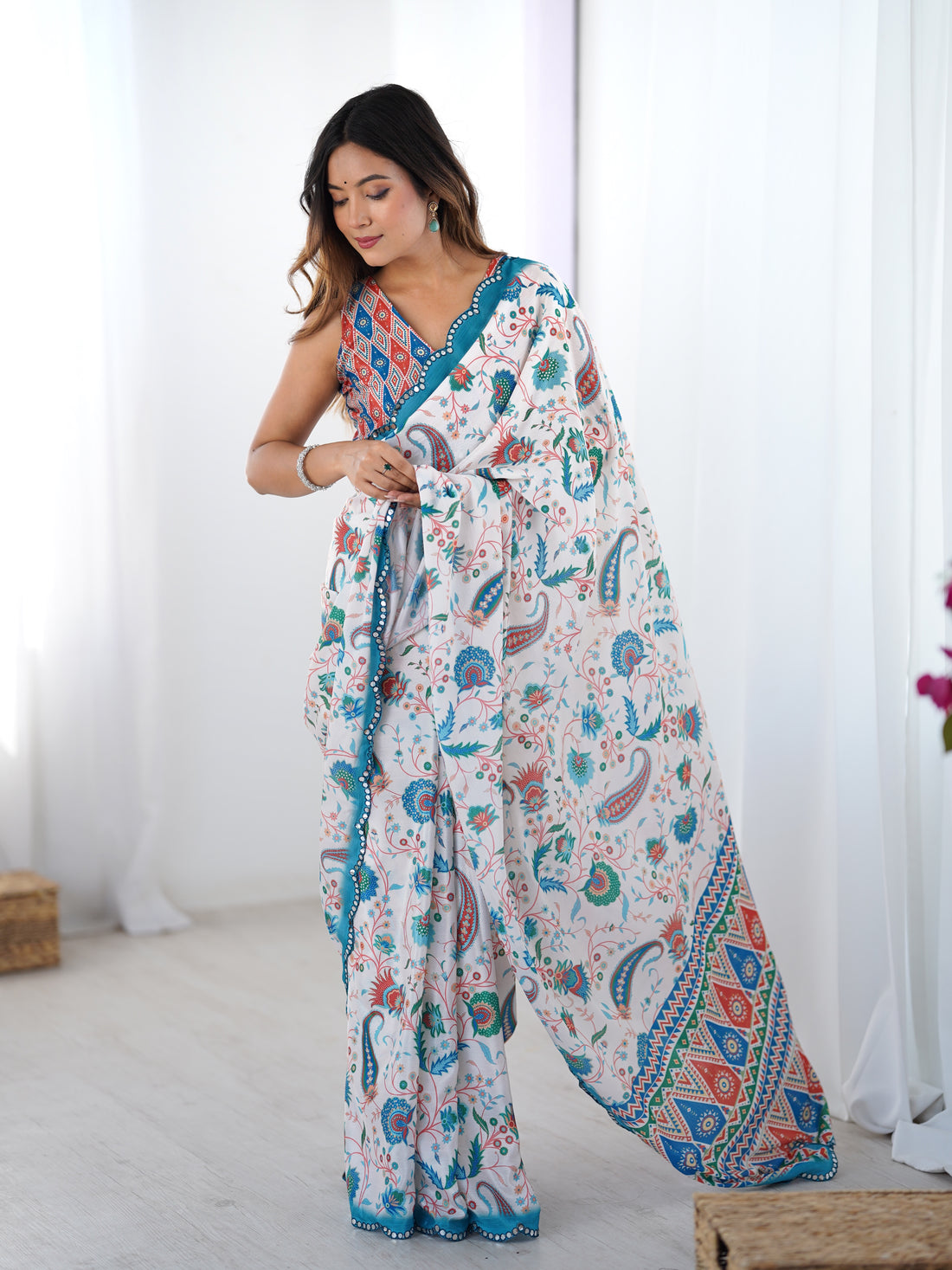 Designer Ivory Heavy Chinon Saree with Mirror Border for Women