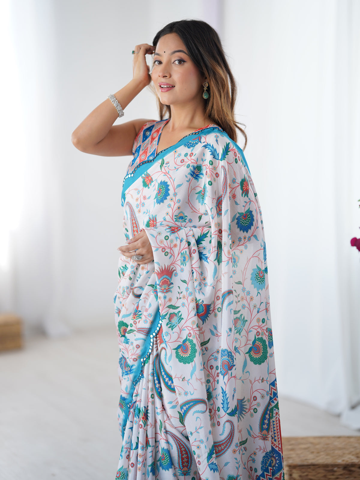 Designer Ivory Heavy Chinon Saree with Mirror Border for Women