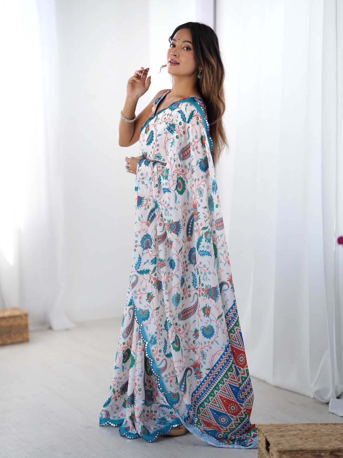 Designer Ivory Heavy Chinon Saree with Mirror Border for Women