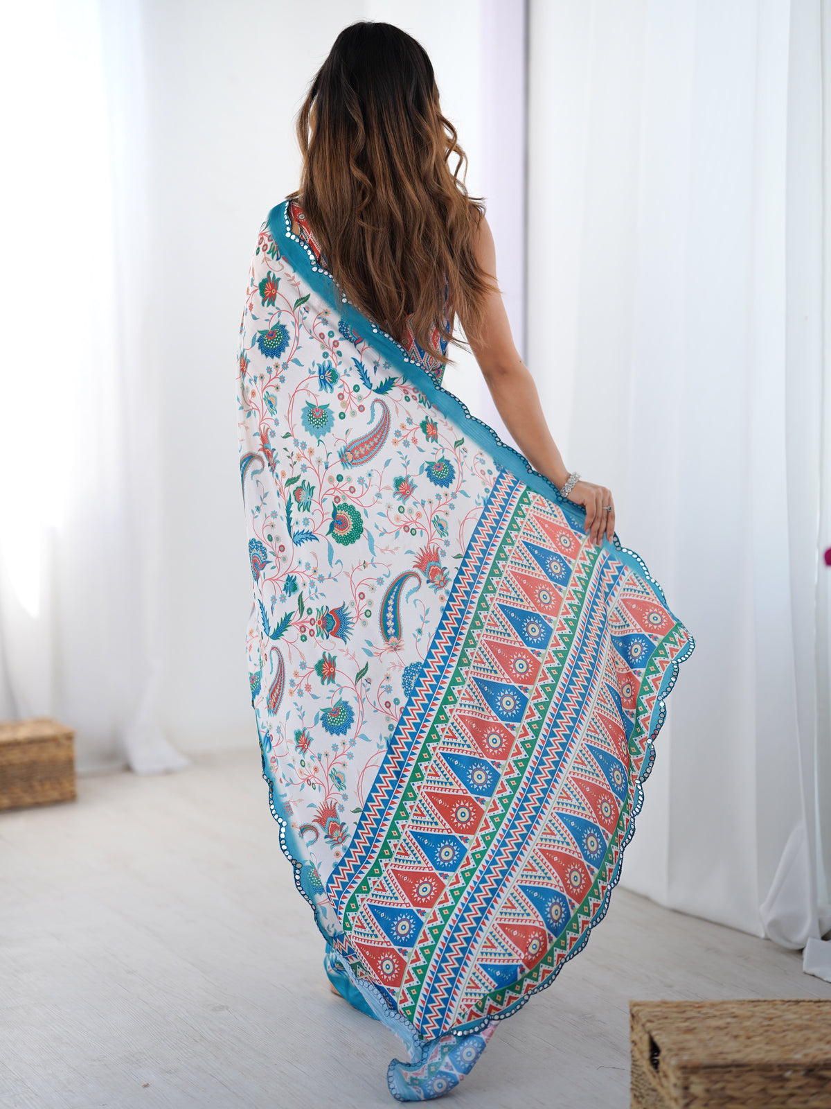 Designer Ivory Heavy Chinon Saree with Mirror Border for Women