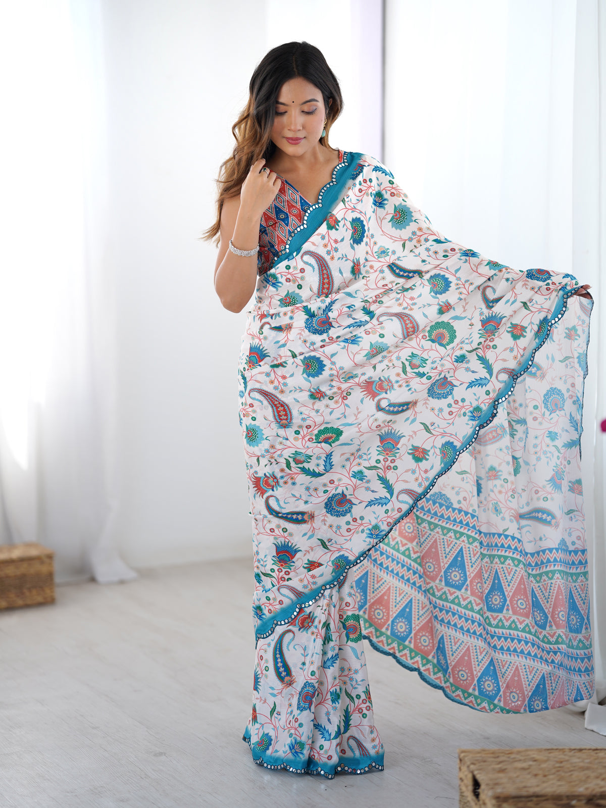 Designer Ivory Heavy Chinon Saree with Mirror Border for Women