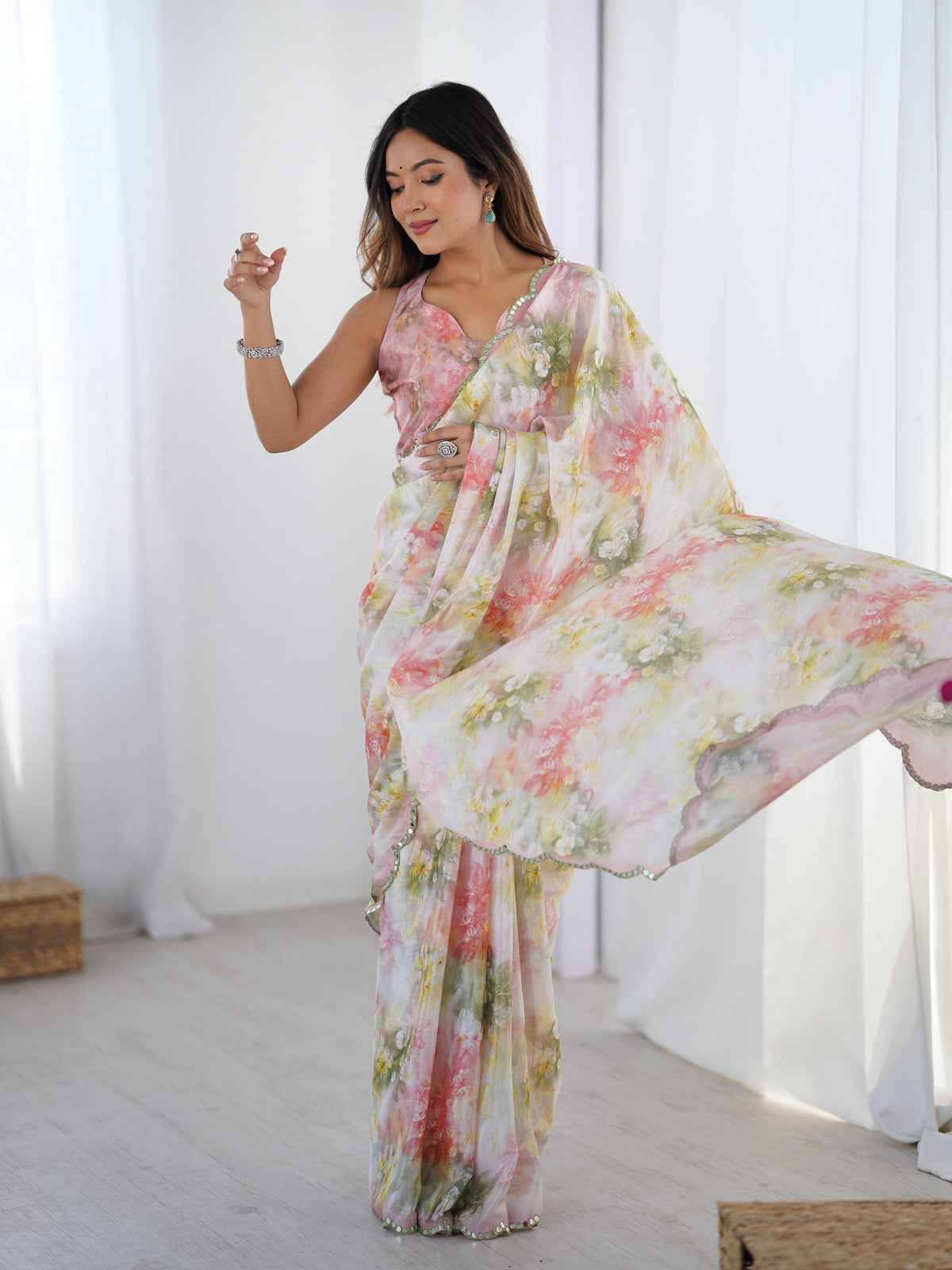 Designer Pastel Chinnon Saree with Floral Print for Women