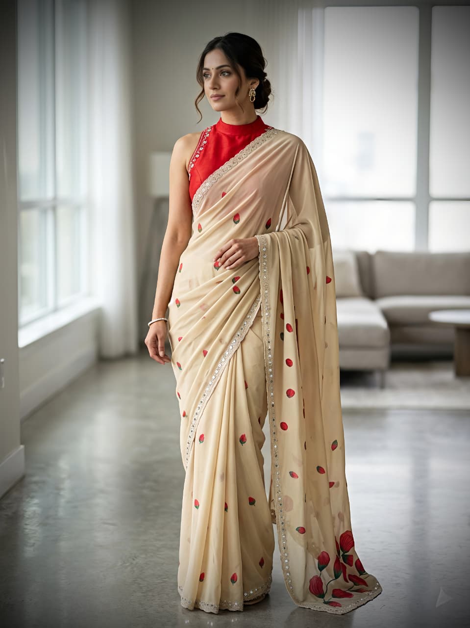 Designer Rose Floral Print Mirror Work Saree with Matching Blouse