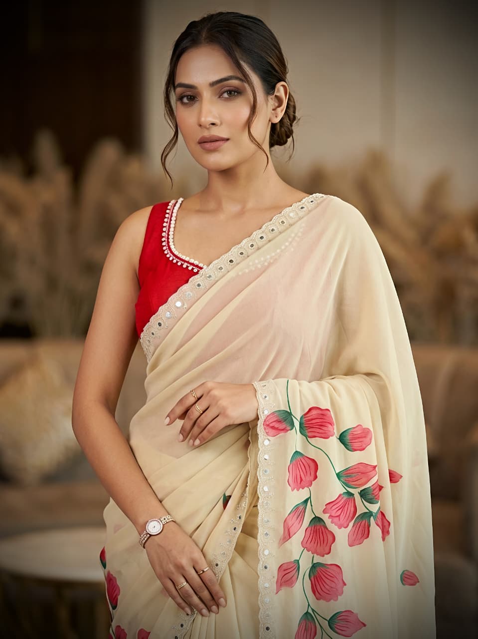 Designer Rose Floral Print Mirror Work Saree with Matching Blouse