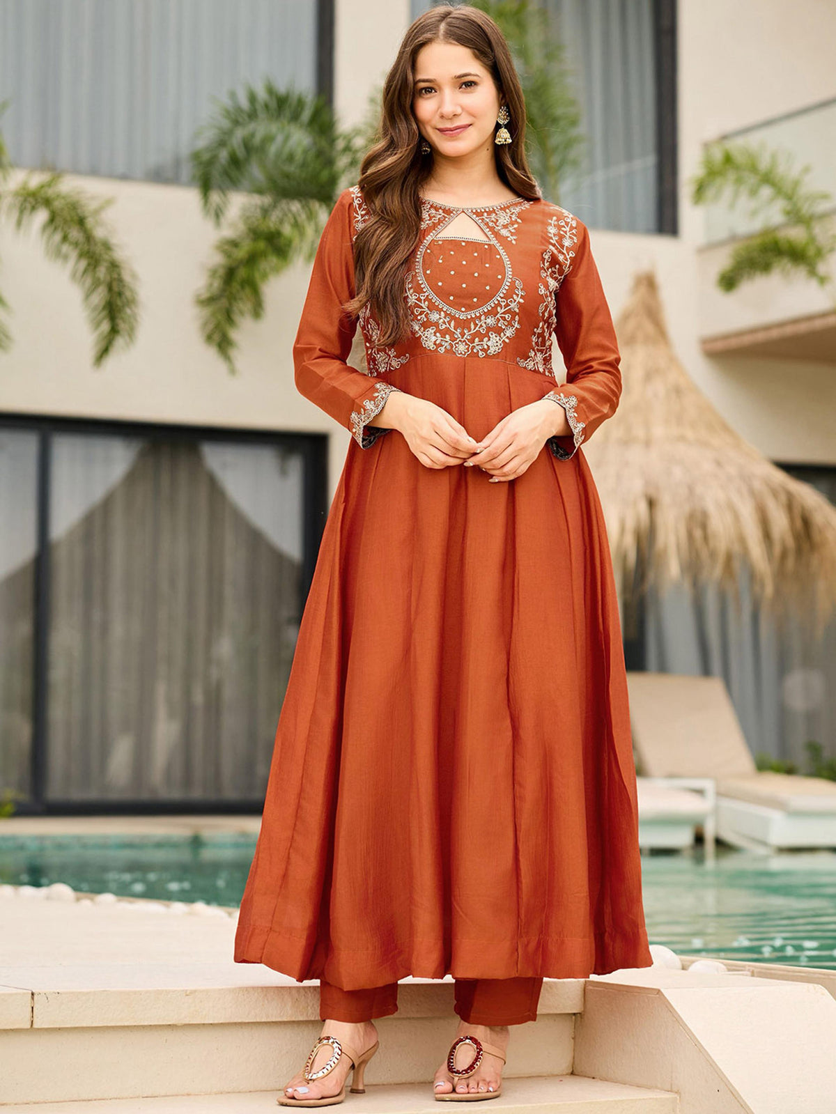 Designer Rust Anarkali Palazzo Dupatta Set for Women