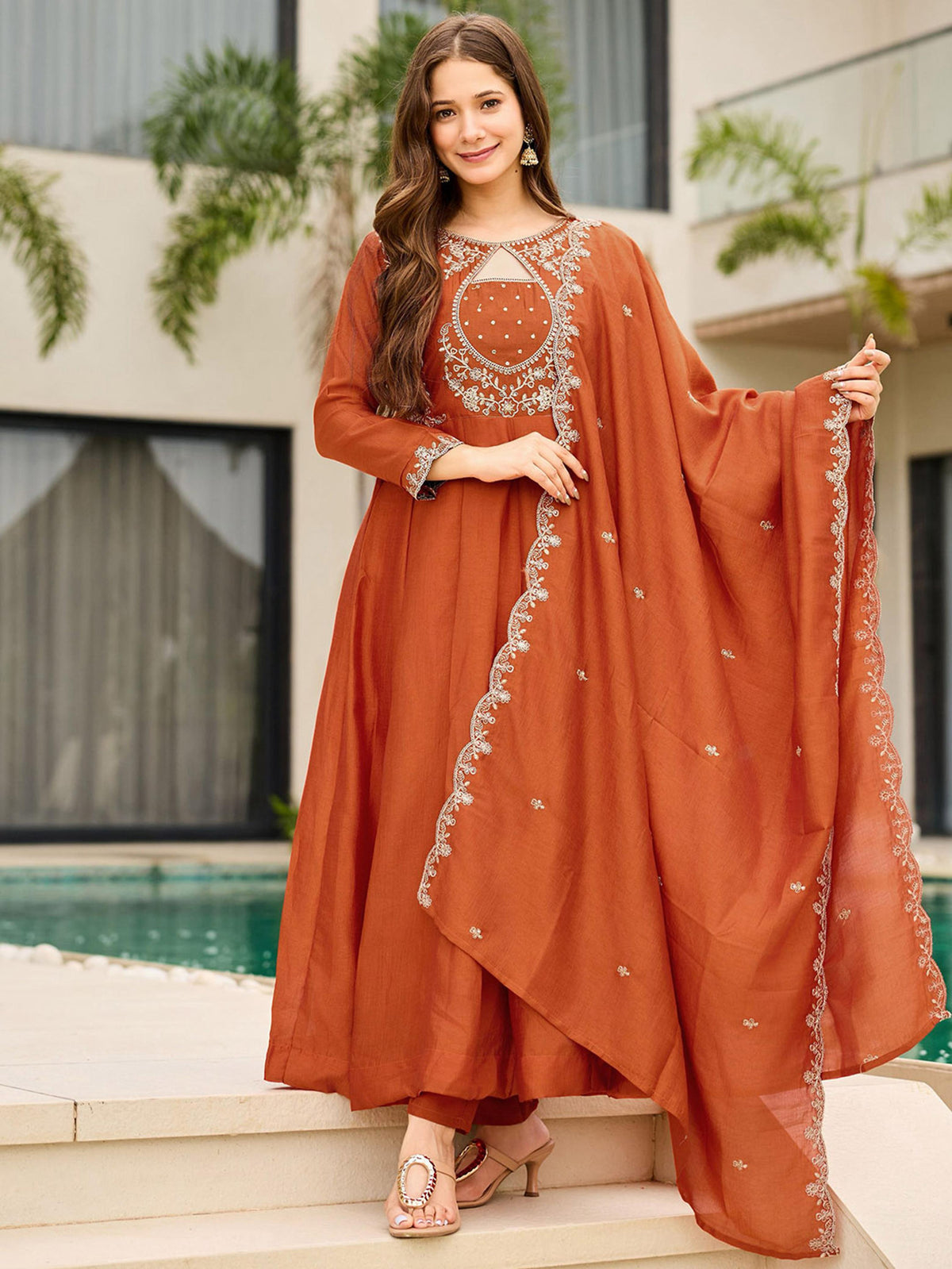 Designer Rust Anarkali Palazzo Dupatta Set for Women