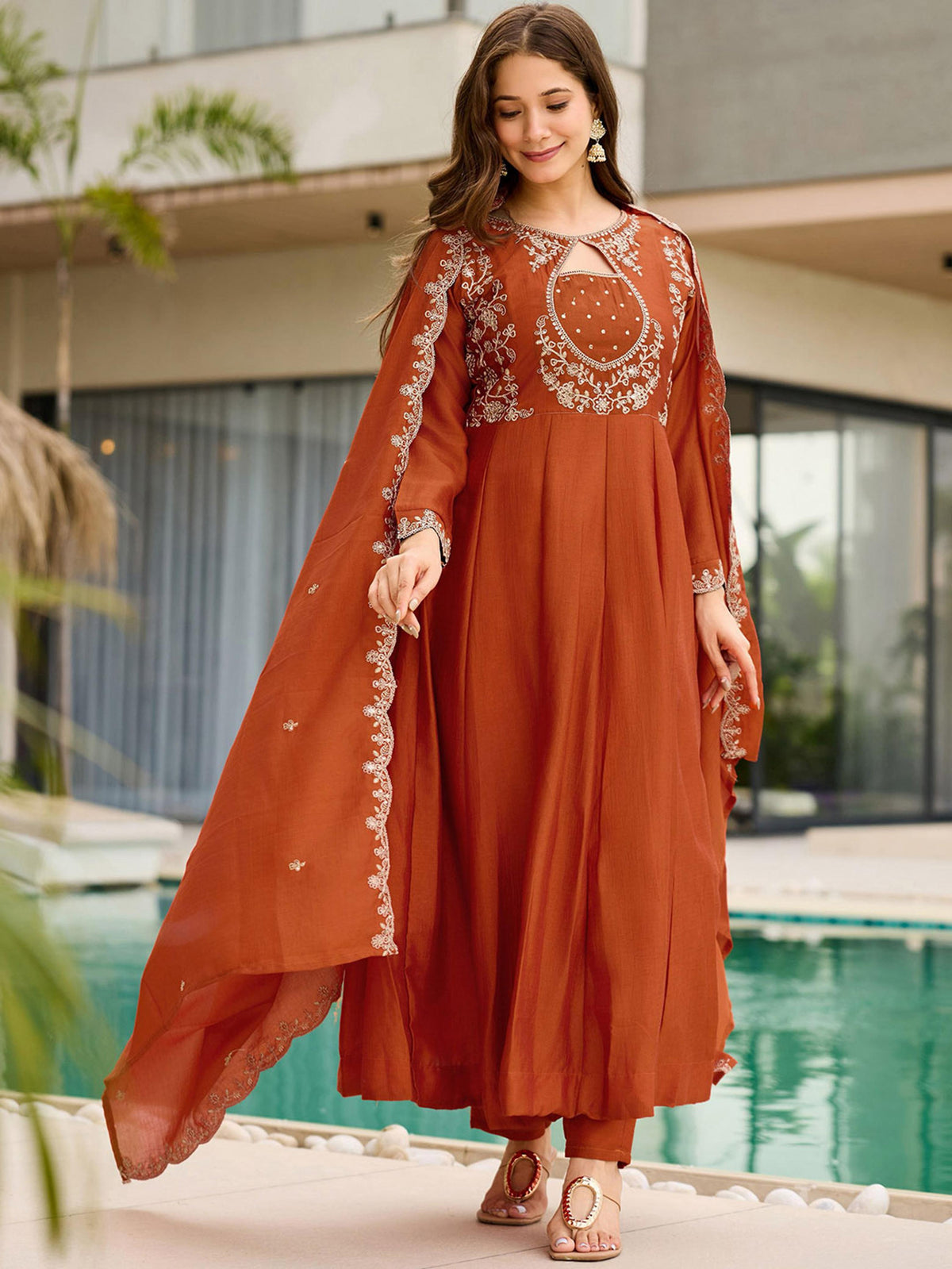 Designer Rust Anarkali Palazzo Dupatta Set for Women
