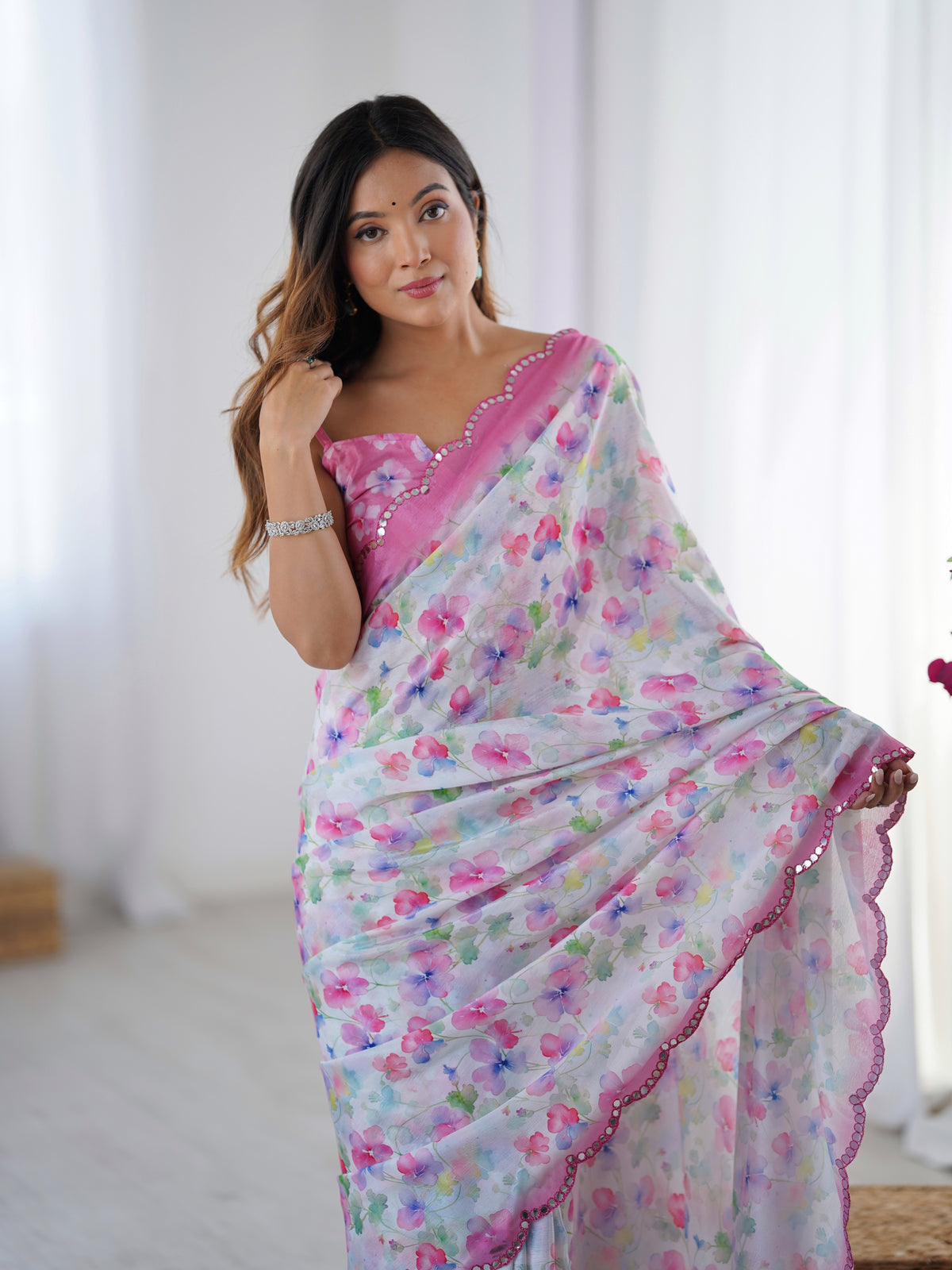 Designer Heavy Chinnon Saree with Kutchi Mirror Lace for Women