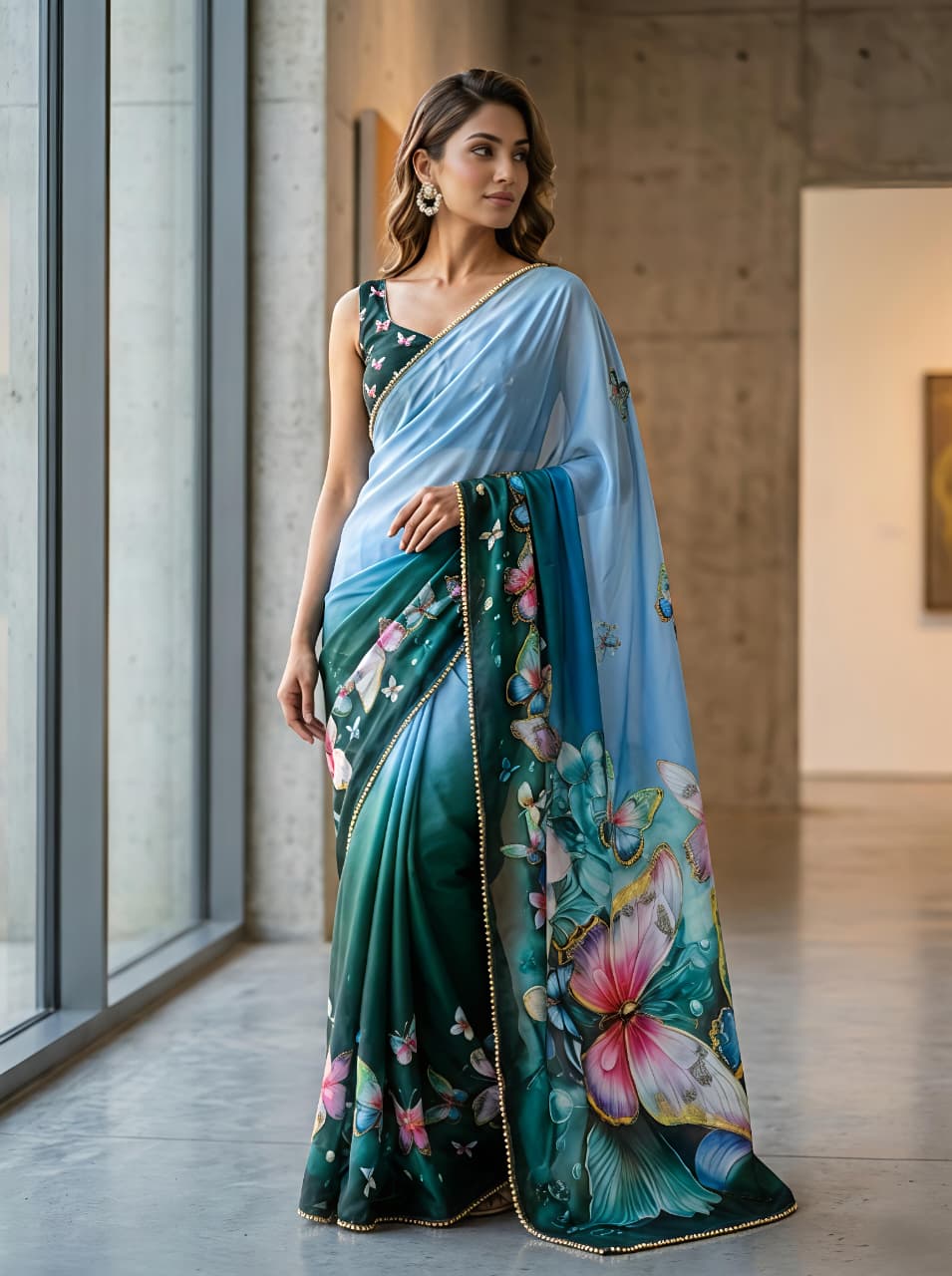 Designer Teal Butterfly Georgette Saree With Border for Women