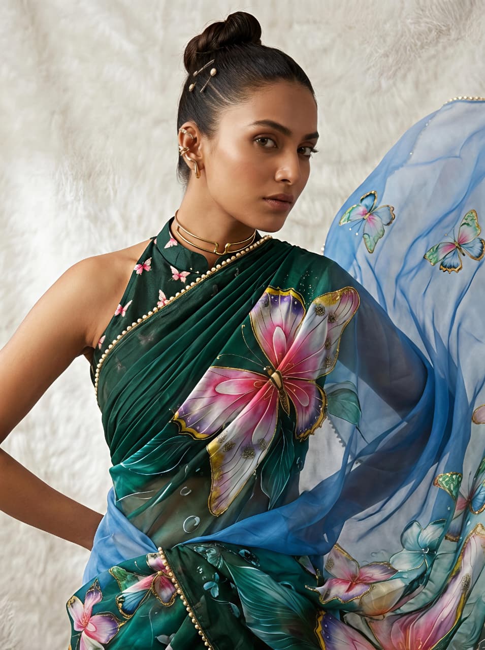 Designer Teal Butterfly Georgette Saree With Border for Women