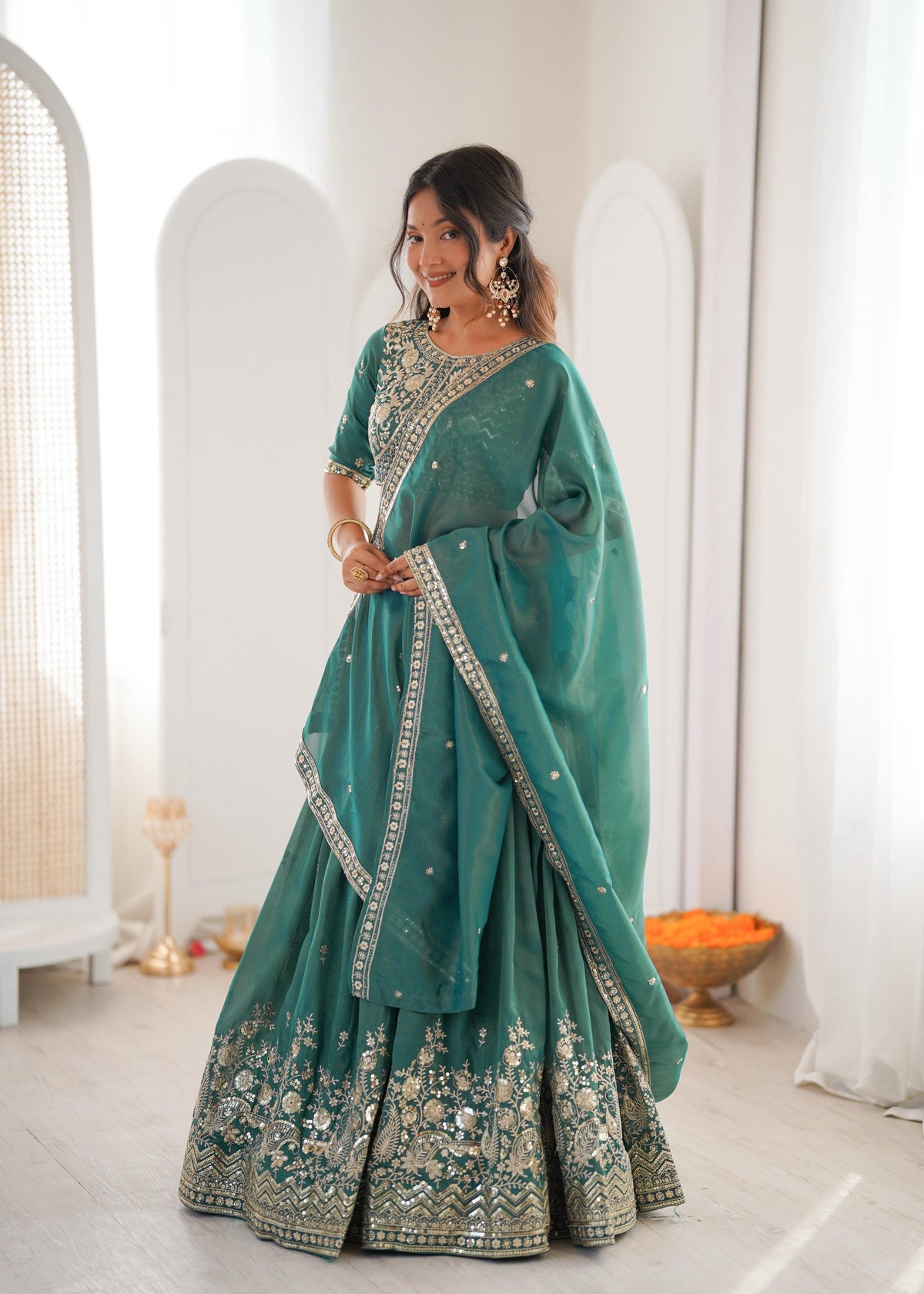 Designer Threadwork Silk Lehenga Choli Set with Dupatta for Women