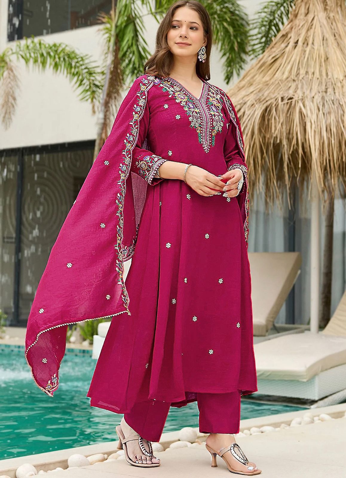 Designer Wine Kurta Pant Set with Floral Embroidery for Women