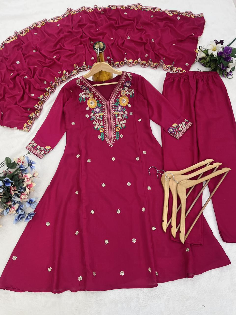 Designer Wine Kurta Pant Set with Floral Embroidery for Women