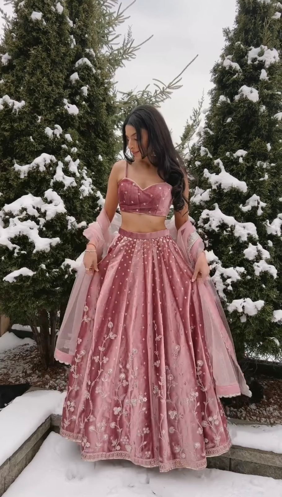 Dusty Pink Satin Embroidered Lehenga Set for Women