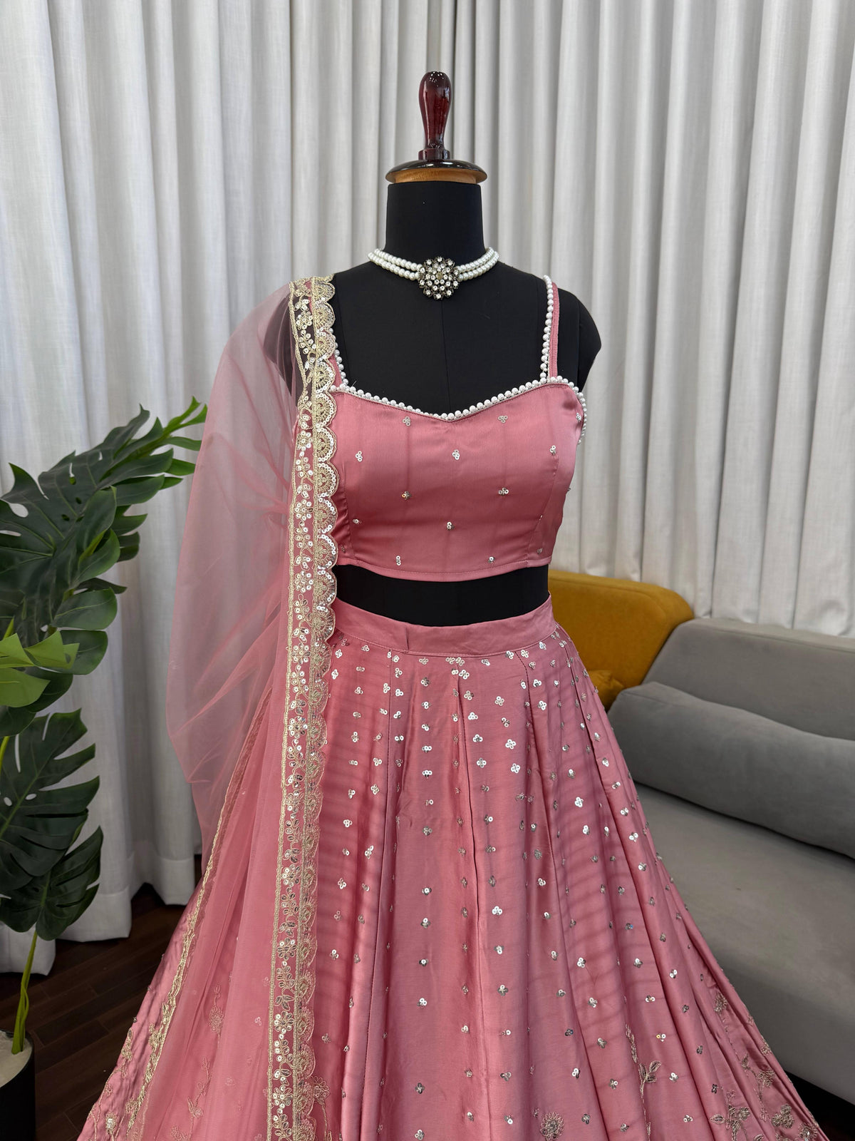 Dusty Pink Satin Embroidered Lehenga Set for Women