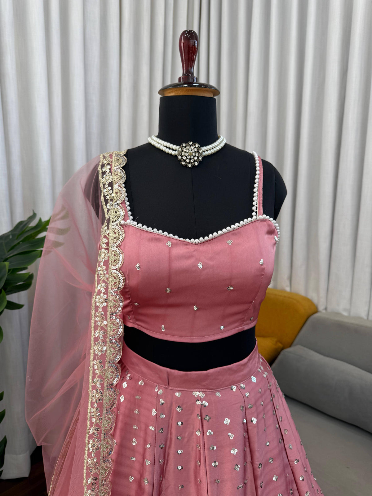 Dusty Pink Satin Embroidered Lehenga Set for Women