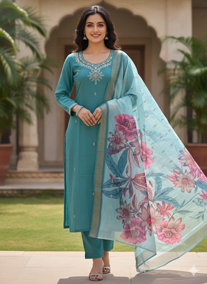 eal Green Embroidered Roman Silk Kurti Set Dupatta for Women