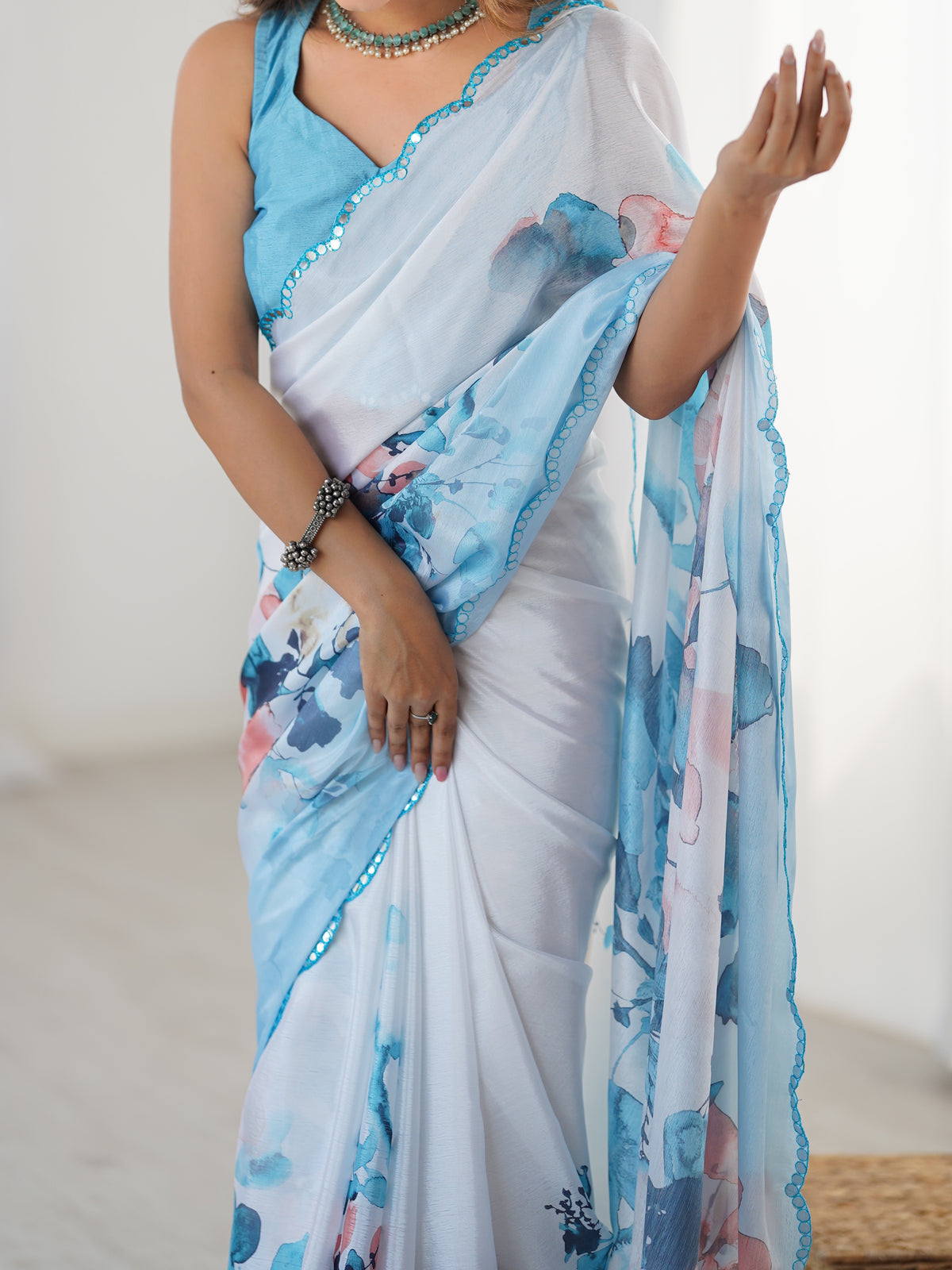Elegant Aqua Printed Heavy Chinon Saree for Women