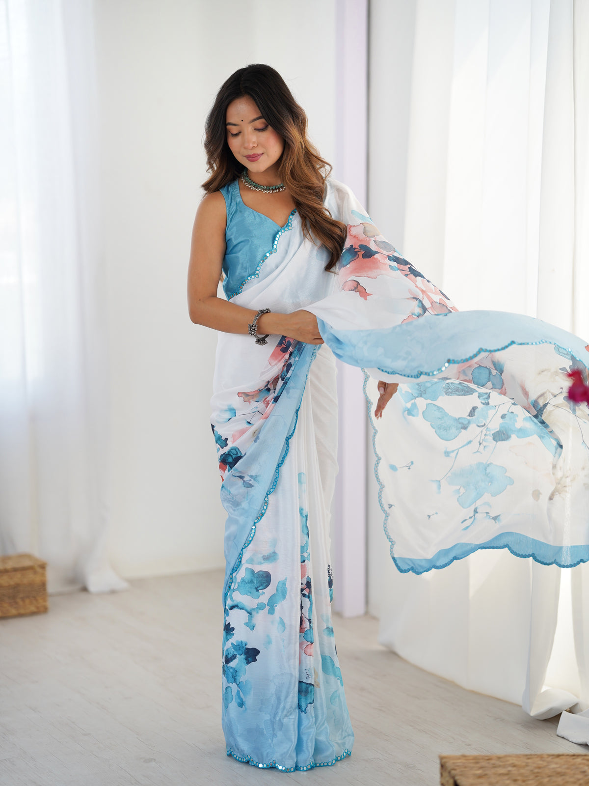 Elegant Aqua Printed Heavy Chinon Saree for Women
