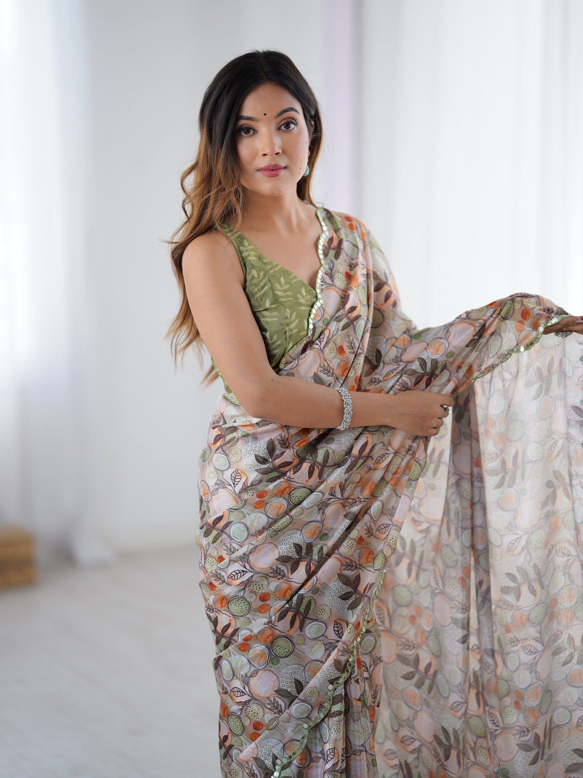 Elegant Beige Printed Chinnon Saree with Blouse for Women