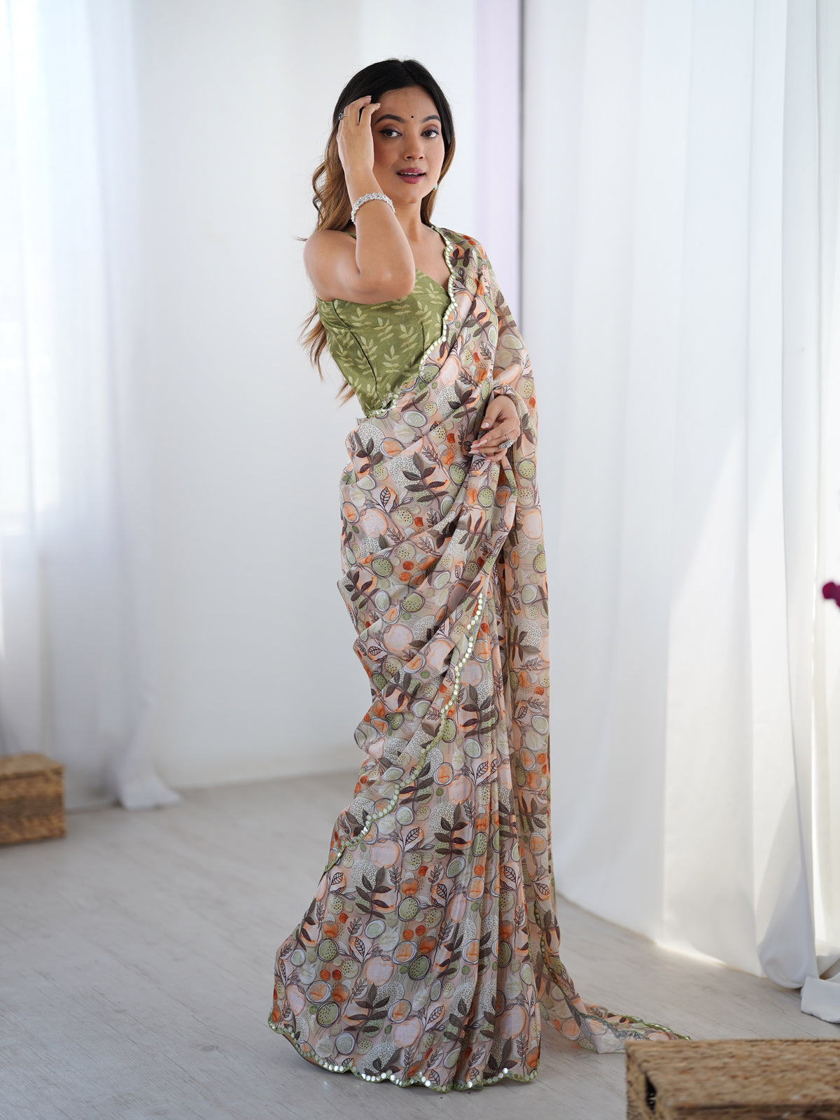 Elegant Beige Printed Chinnon Saree with Blouse for Women