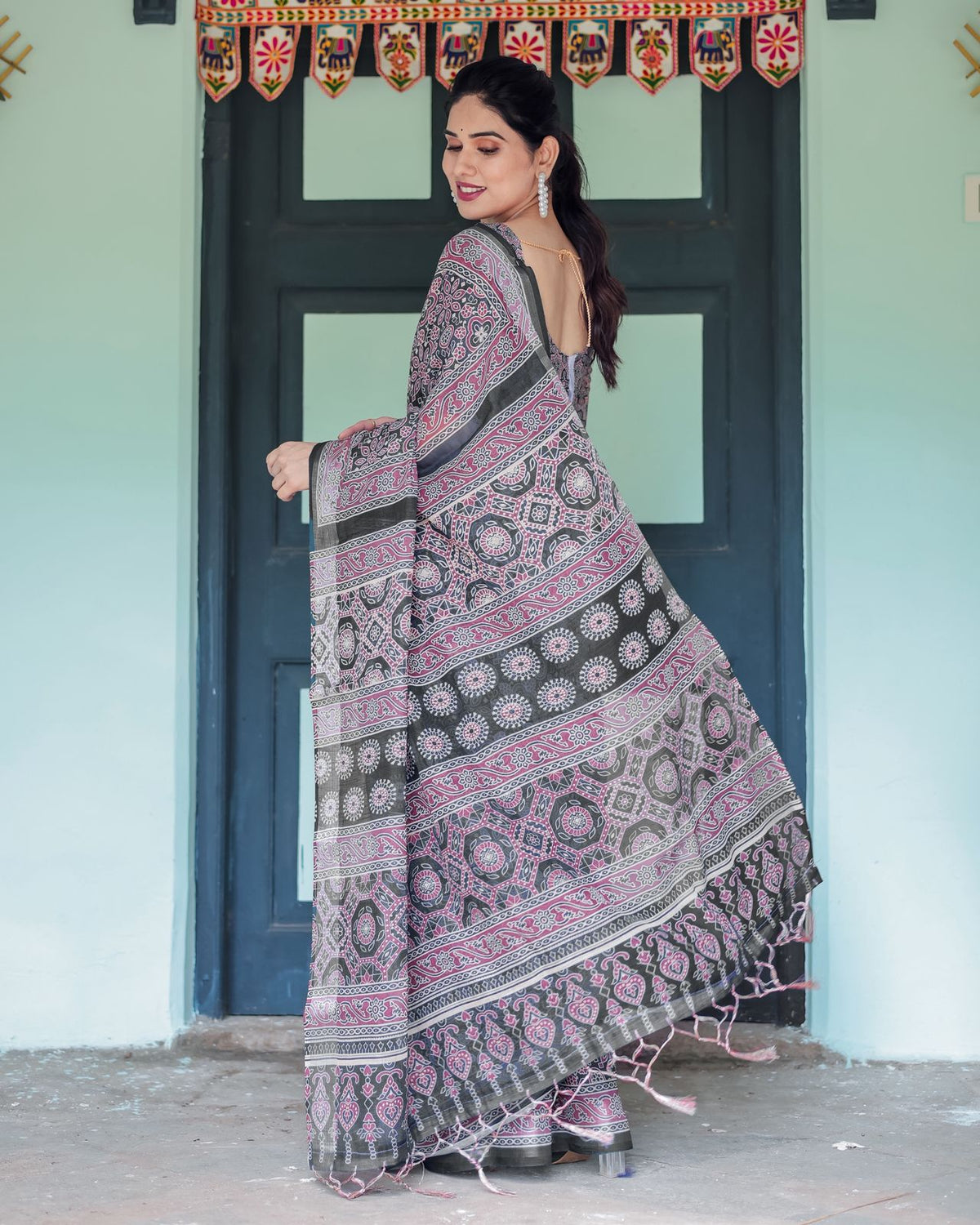 Elegant Black Ajrakh Linen Saree with Pink for Women