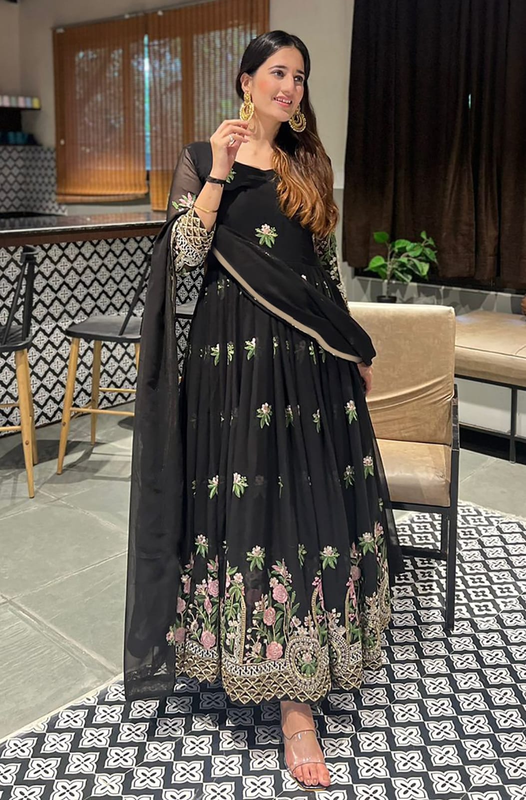 Elegant Black Ethnic Gown with Floral Embroidery for Women