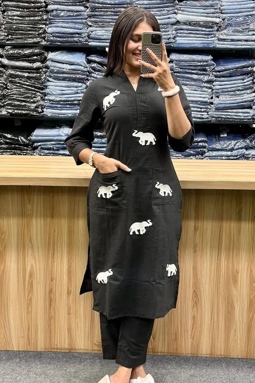 Elegant Black Elephant Print Rayon Kurti Pant Set for Women