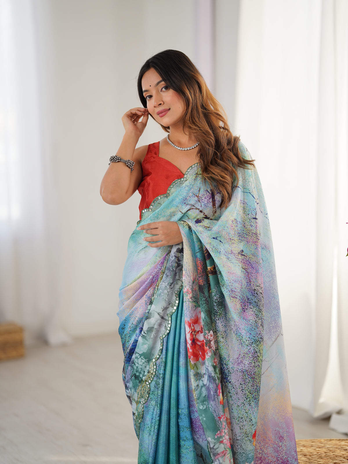 Elegant Aqua Blue Floral Saree with Mirror Lace for Women