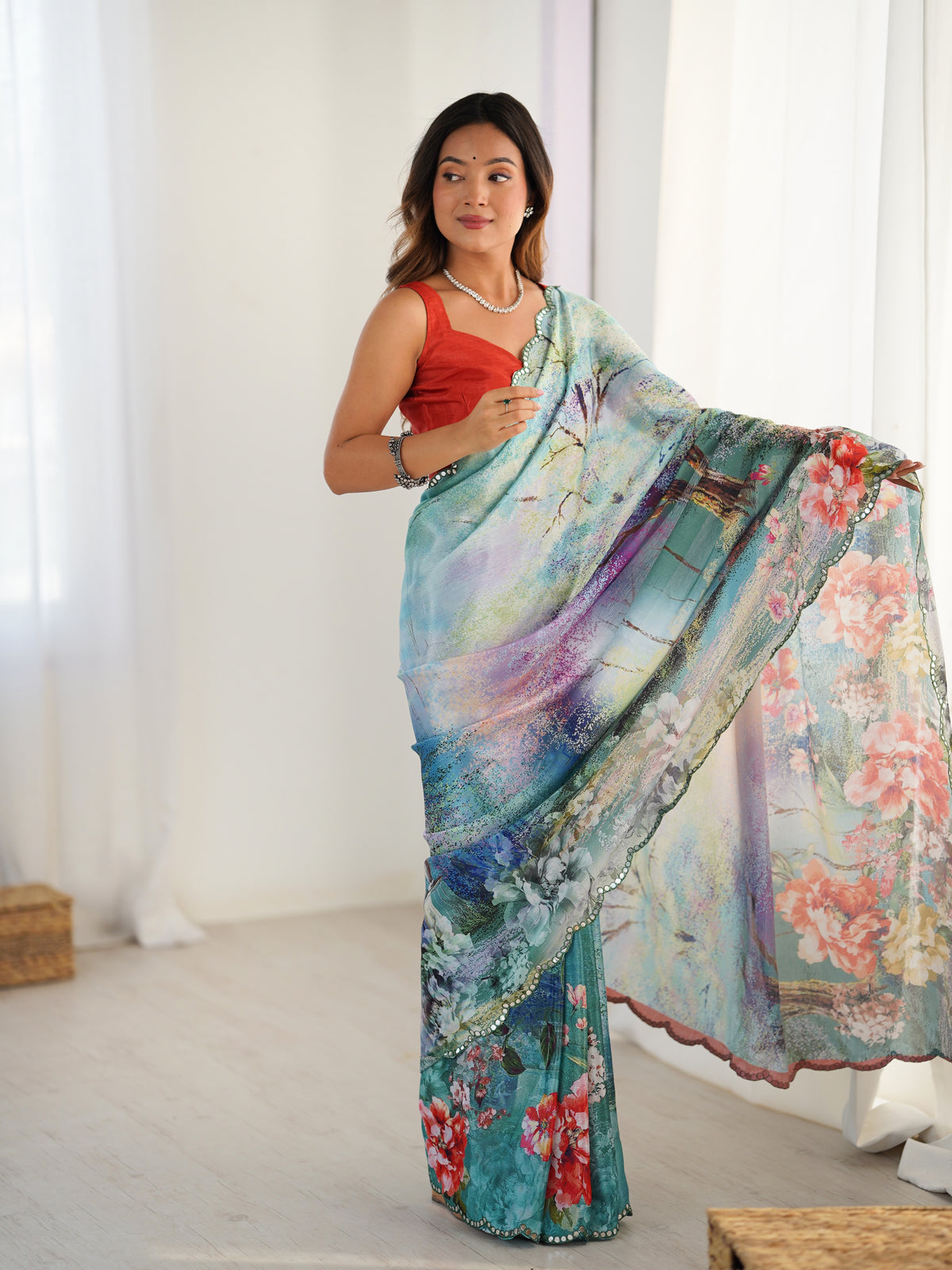 Elegant Aqua Blue Floral Saree with Mirror Lace for Women