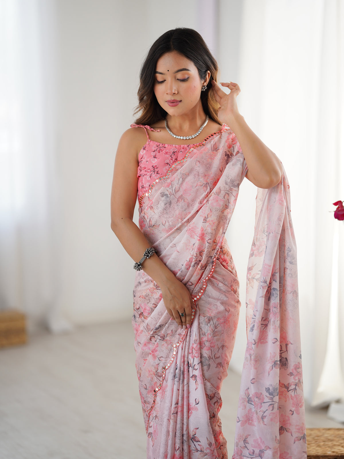 Elegant Blush Pink Chinon Saree with Mirror Work for Women