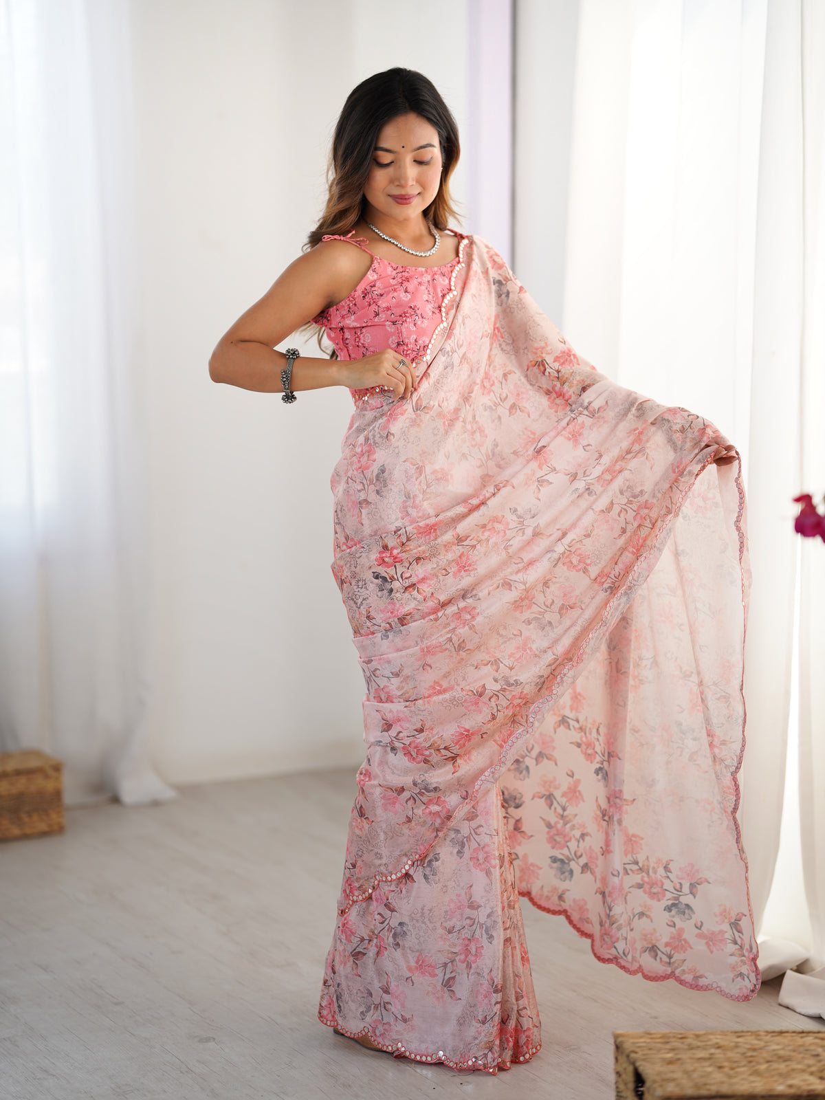 Elegant Blush Pink Chinon Saree with Mirror Work for Women