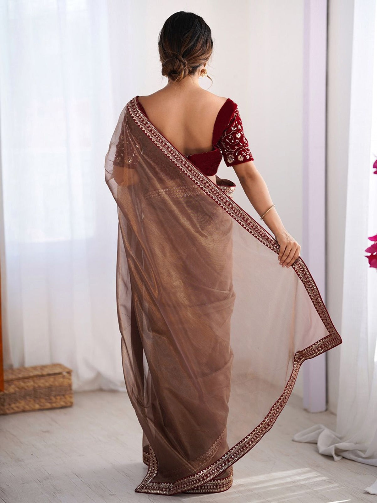 Elegant Brown Net Saree with Embroidered Blouse for Women