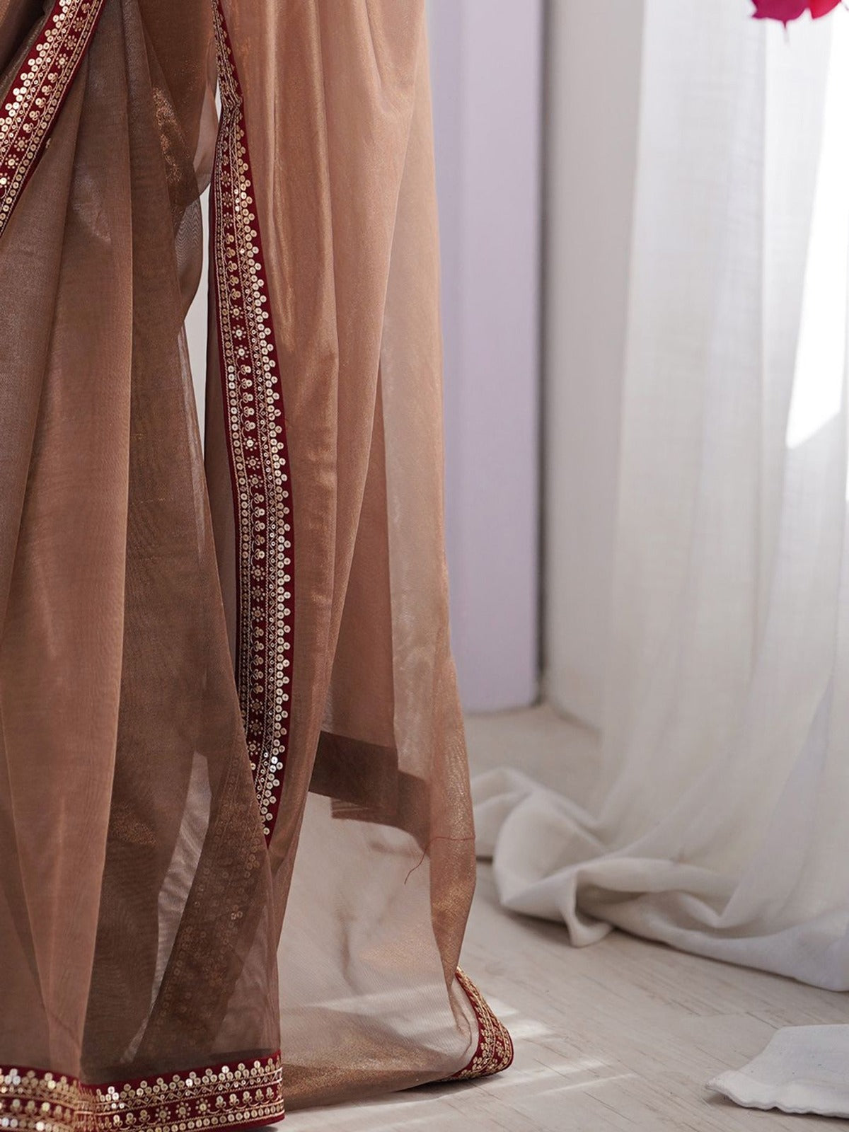 Elegant Brown Net Saree with Embroidered Blouse for Women