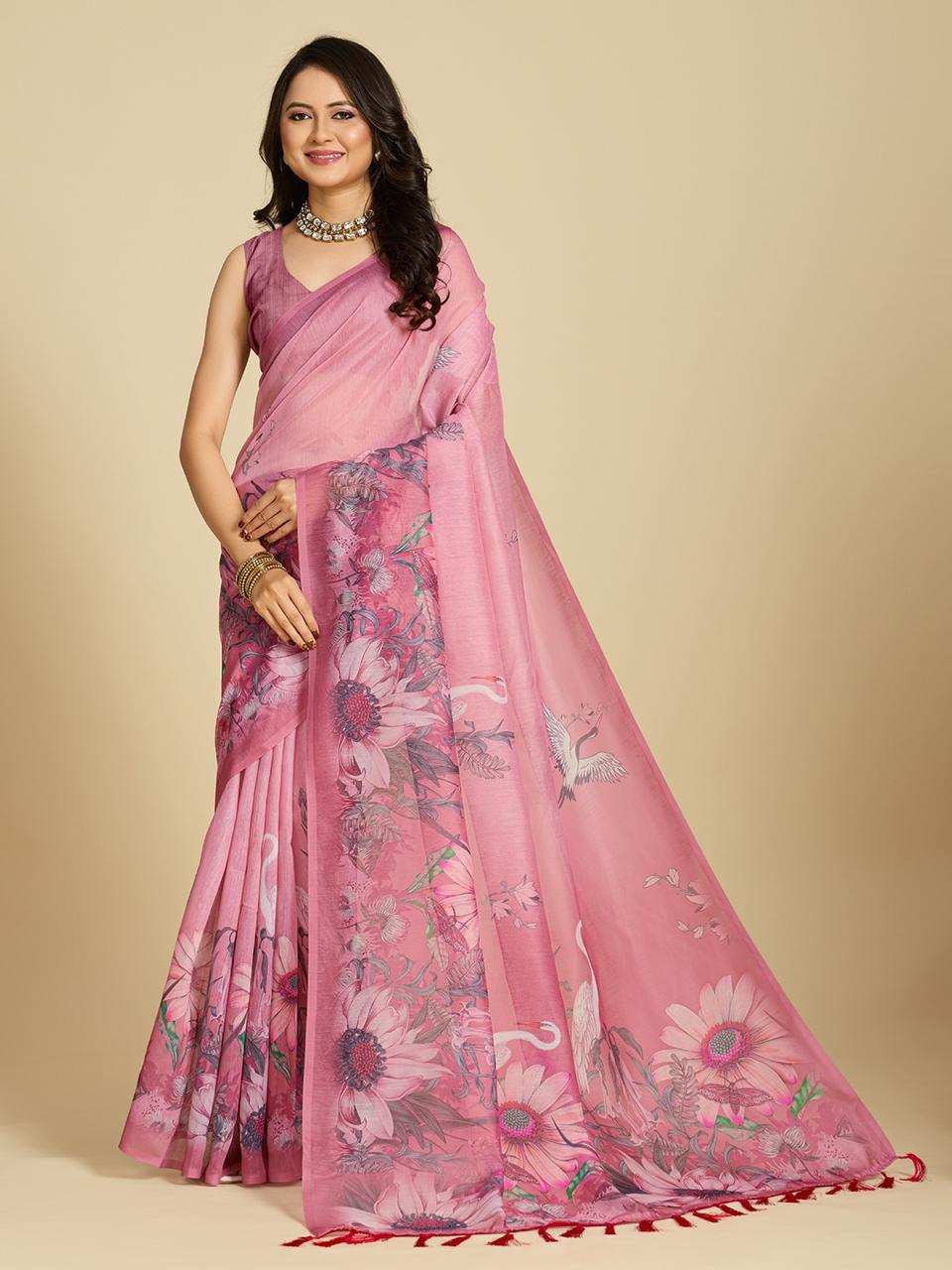 Elegant Pink Floral Cotton Designer Saree with Blouse for Women