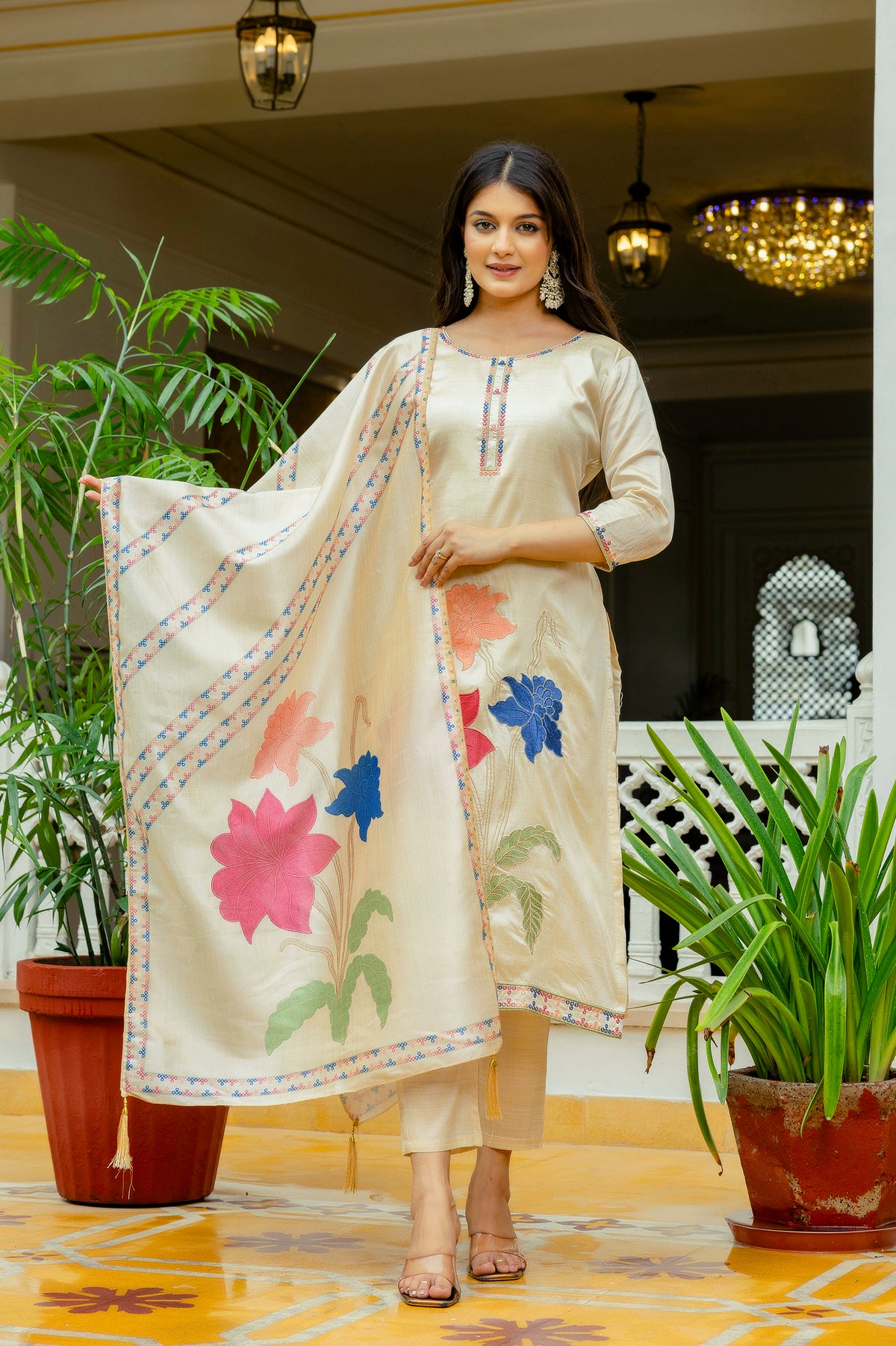 Elegant Cream Assam Silk Kurti Set with Floral Dupatta for Women
