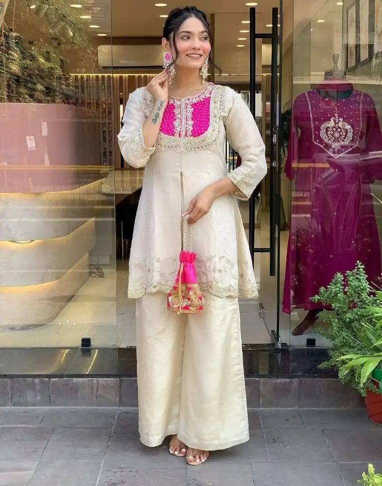 Elegant Cream Roman Silk Embroidered Top Palazzo Set for Women