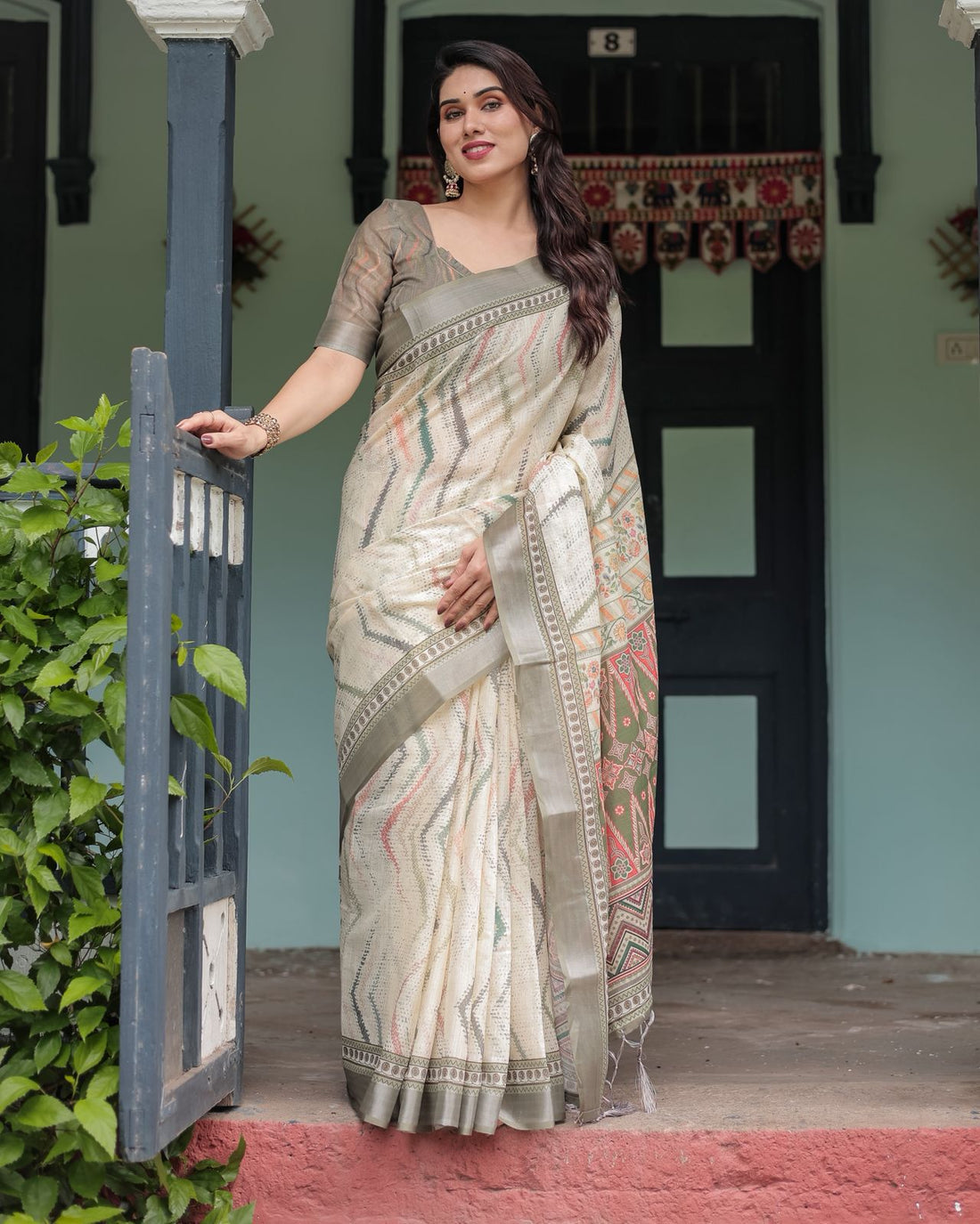 Elegant Pastel Green & Beige Linen Saree with Tribal Design for Women