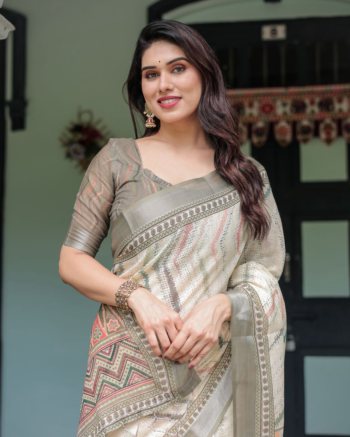 Elegant Pastel Green & Beige Linen Saree with Tribal Design for Women