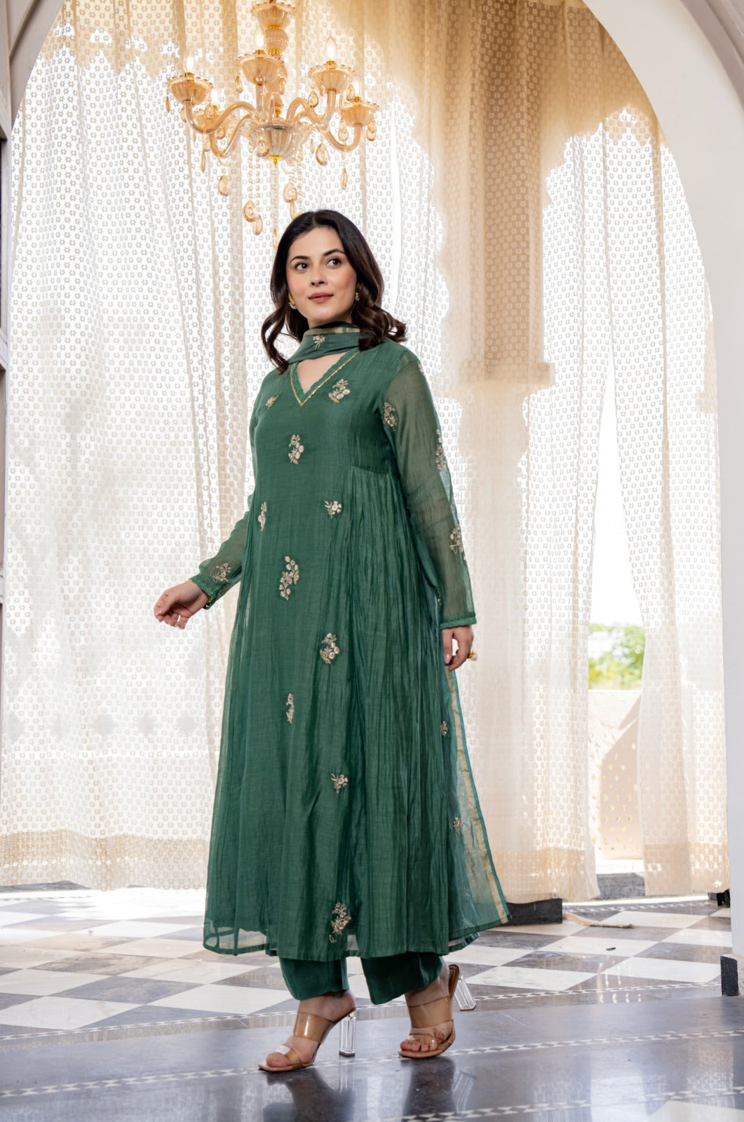 Elegant Green Chanderi Silk Kurti Pant Dupatta Set for Women