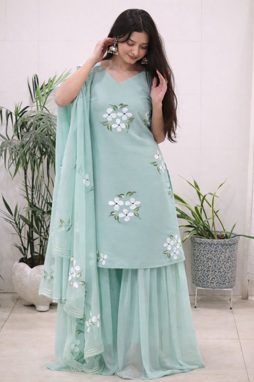 Elegant Mint Green Handpainted Sharara Set with Dupatta for Women
