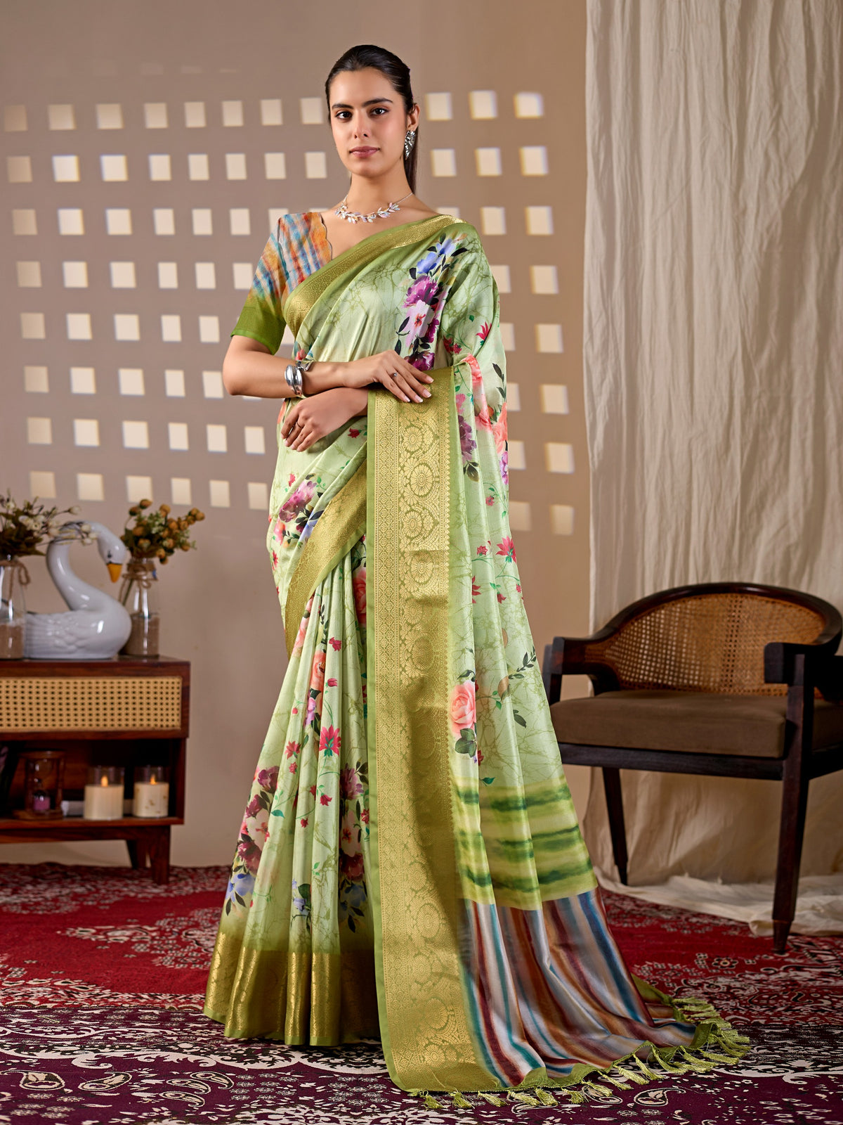 Elegant Green Floral Silk Saree with Golden Zari Border for Women