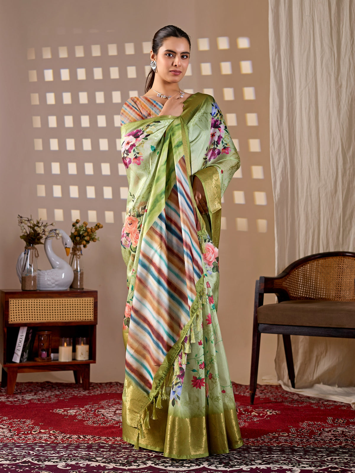 Elegant Green Floral Silk Saree with Golden Zari Border for Women